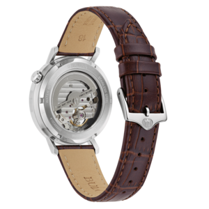 Bulova horloge, bruine leren band, roestvrij staal, transparante wijzerplaat, 21 juwelen, MIYOTA