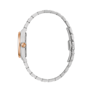 Horloge, zilveren band, roségouden wijzerplaat, zijaanzicht, elegant ontwerp