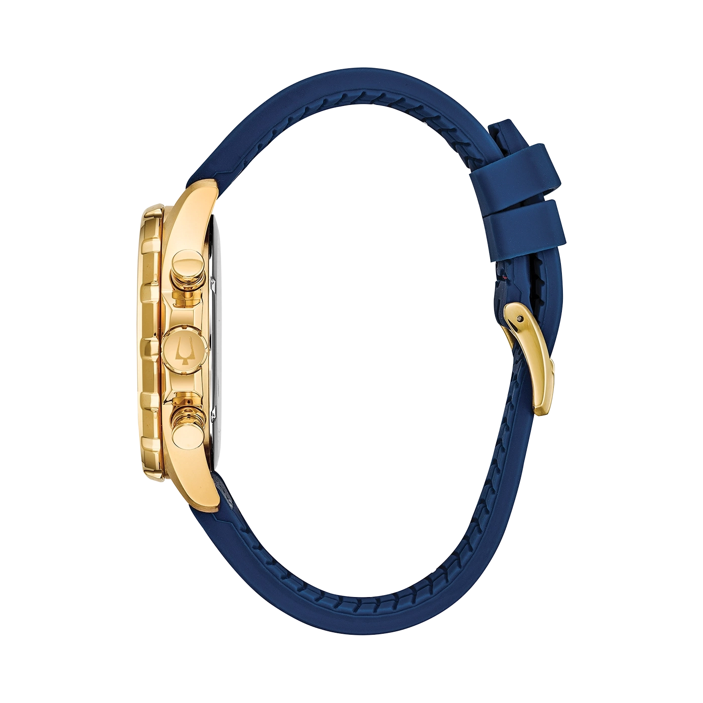 Gouden horloge met blauwe band, zijaanzicht, detailopname, elegant