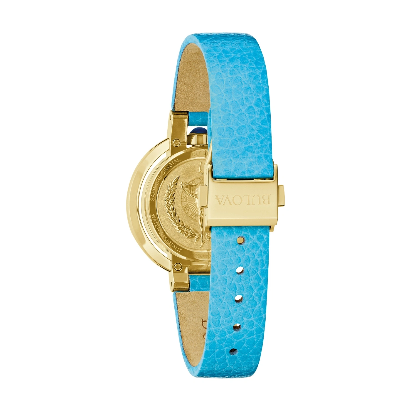 Bulova horloge met blauwe band en gouden kast, close-up van de achterkant