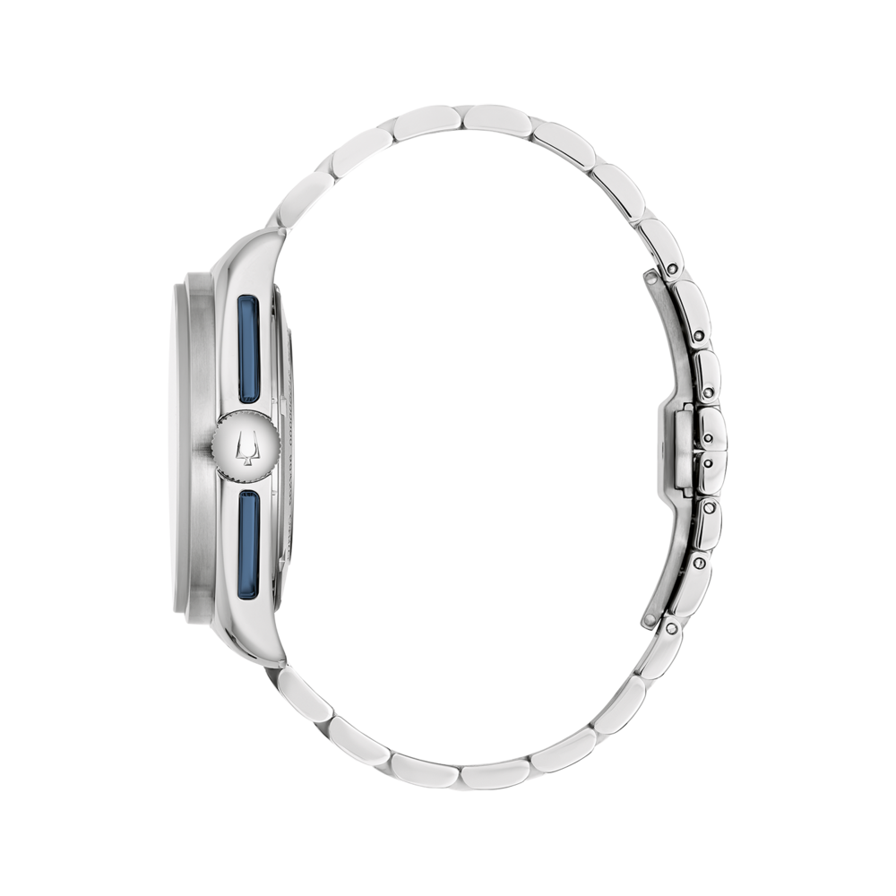 Horloge, zilveren band, blauw detail, zijaanzicht, elegant ontwerp, accessoire