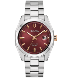Bulova horloge met rode wijzerplaat, automatisch, 21 juwelen, datumweergave, roestvrijstalen band.