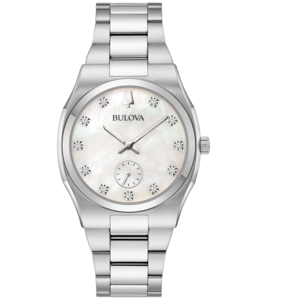 Zilveren Bulova horloge met diamanten op witte wijzerplaat en armband