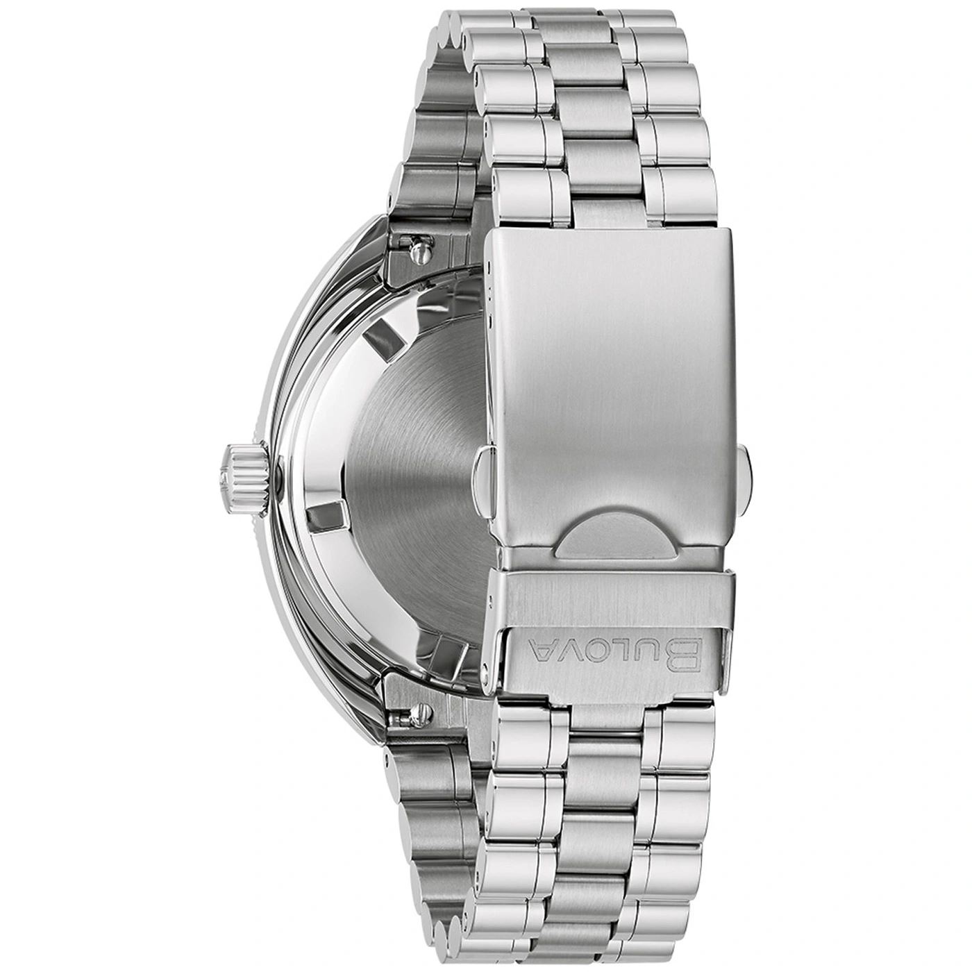 Achterkant van een zilveren Bulova-horloge met armband en sluiting.