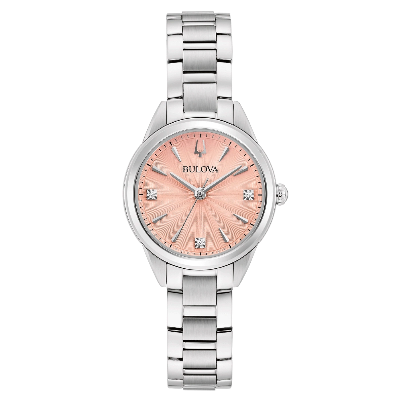Bulova dameshorloge, roze wijzerplaat, zilveren band, diamanten, elegant