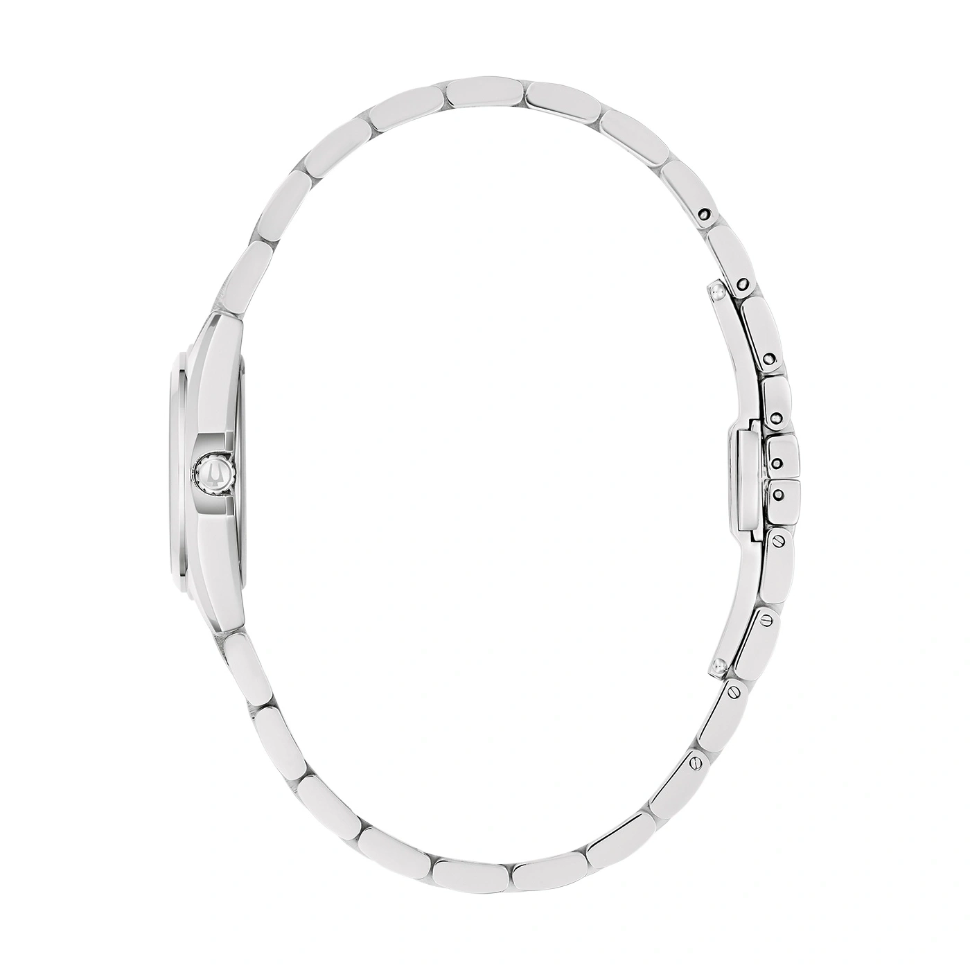 Zilveren dameshorloge, zijaanzicht, armband, ronde wijzerplaat, elegant design, sieraden
