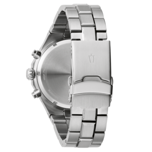 Zilveren horloge met roestvrijstalen band, close-up van de achterkant