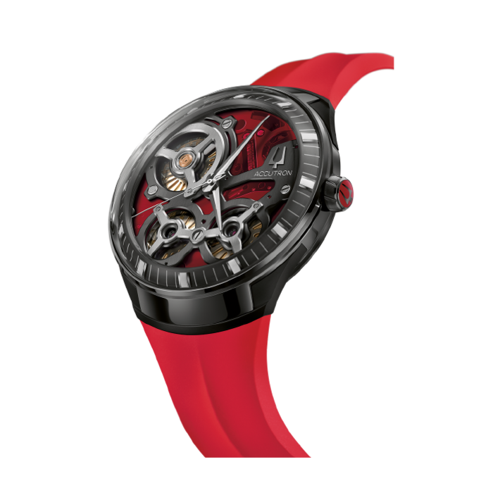 Zwarte horloge met rode band en rode wijzerplaat, Accutron merk.