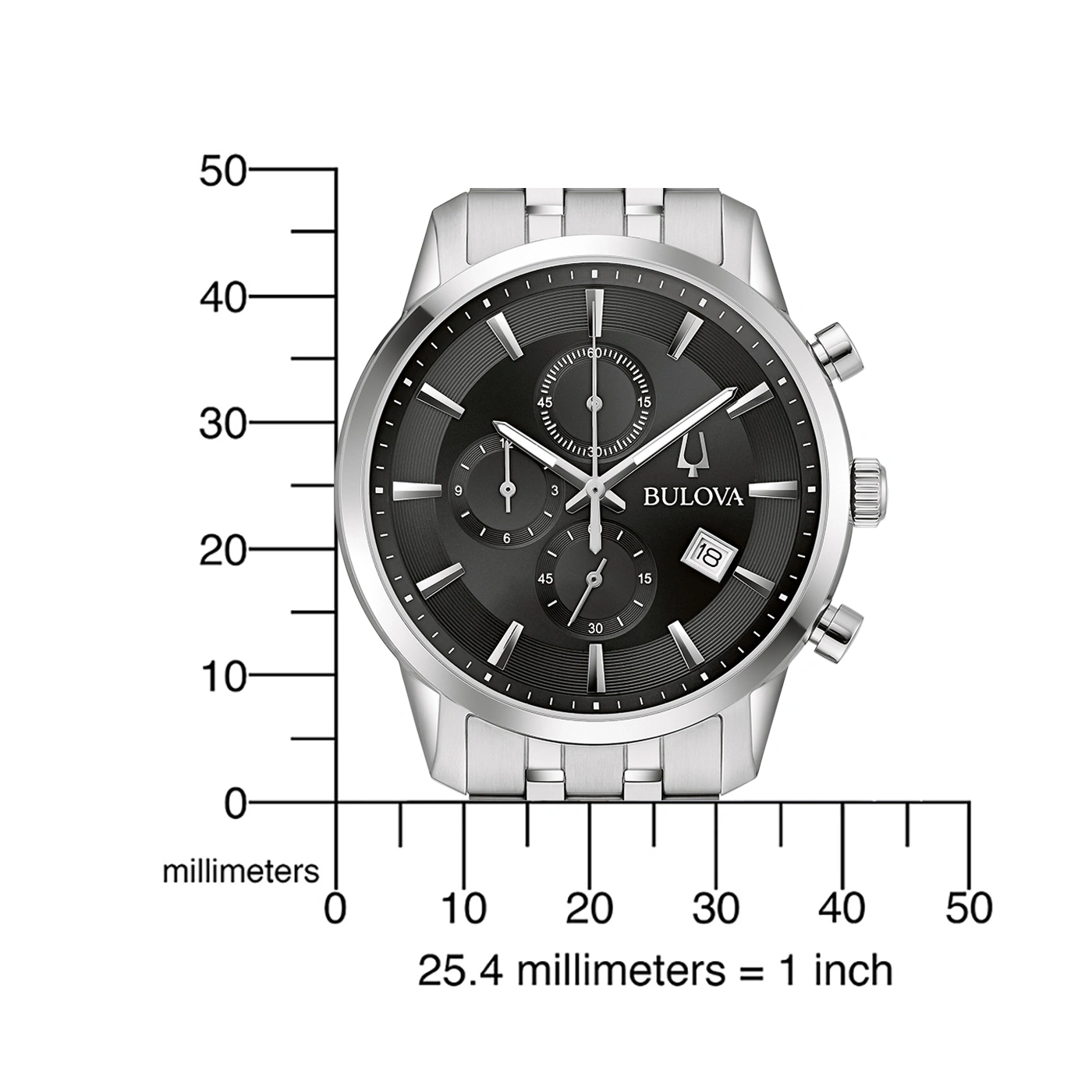 Bulova horloge met zwarte wijzerplaat, datumweergave, zilveren band, millimeter schaal, close-up.