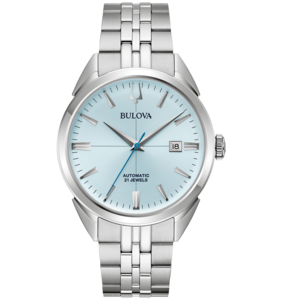 Bulova horloge met lichtblauwe wijzerplaat en zilveren band, automatisch, 21 juwelen.