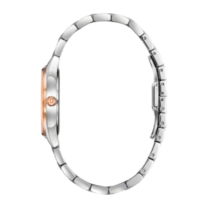 Horloge met zilveren band en roségouden wijzerplaat, zijaanzicht