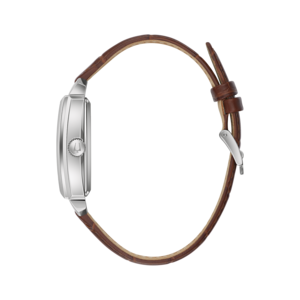 Horloge met bruine leren band, zijaanzicht, zilveren kast, elegant ontwerp