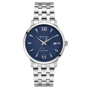 Bulova horloge met blauwe wijzerplaat en zilveren band, automatisch