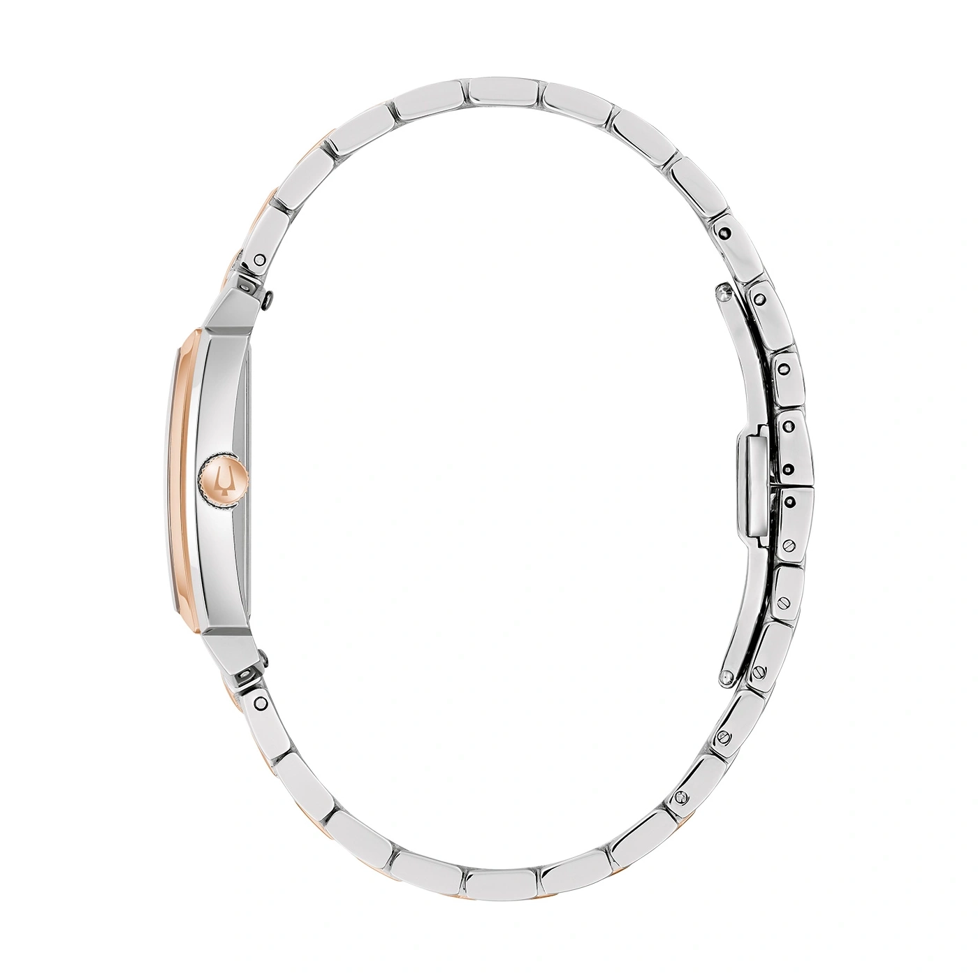 Zilverkleurig horloge met roségouden accenten, elegant ontwerp, dameshorloge, zijaanzicht, detailopname, sierlijk