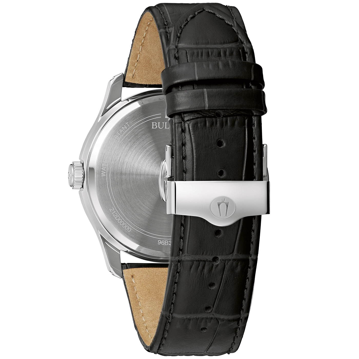 Bulova horloge, zwart lederen band, zilveren gesp, detailopname, close-up, achterkant