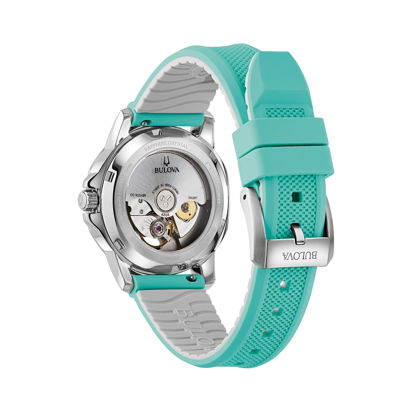 Bulova horloge met blauwe band, close-up van het uurwerk en de sluiting.