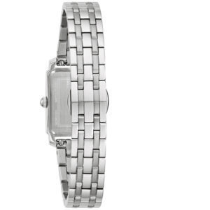 Zilveren horloge met rechthoekige wijzerplaat en metalen band, close-up