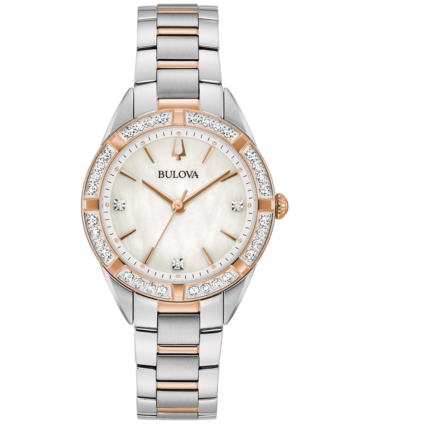 Bulova dameshorloge, zilverkleurige kast, roségouden accenten, diamanten, parelmoer wijzerplaat, armband