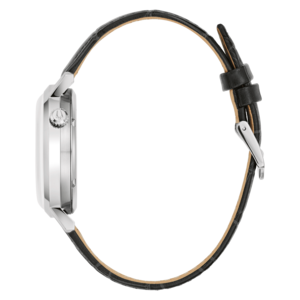 Zijaanzicht van een horloge met zwart leren bandje, zilveren kast, elegant design
