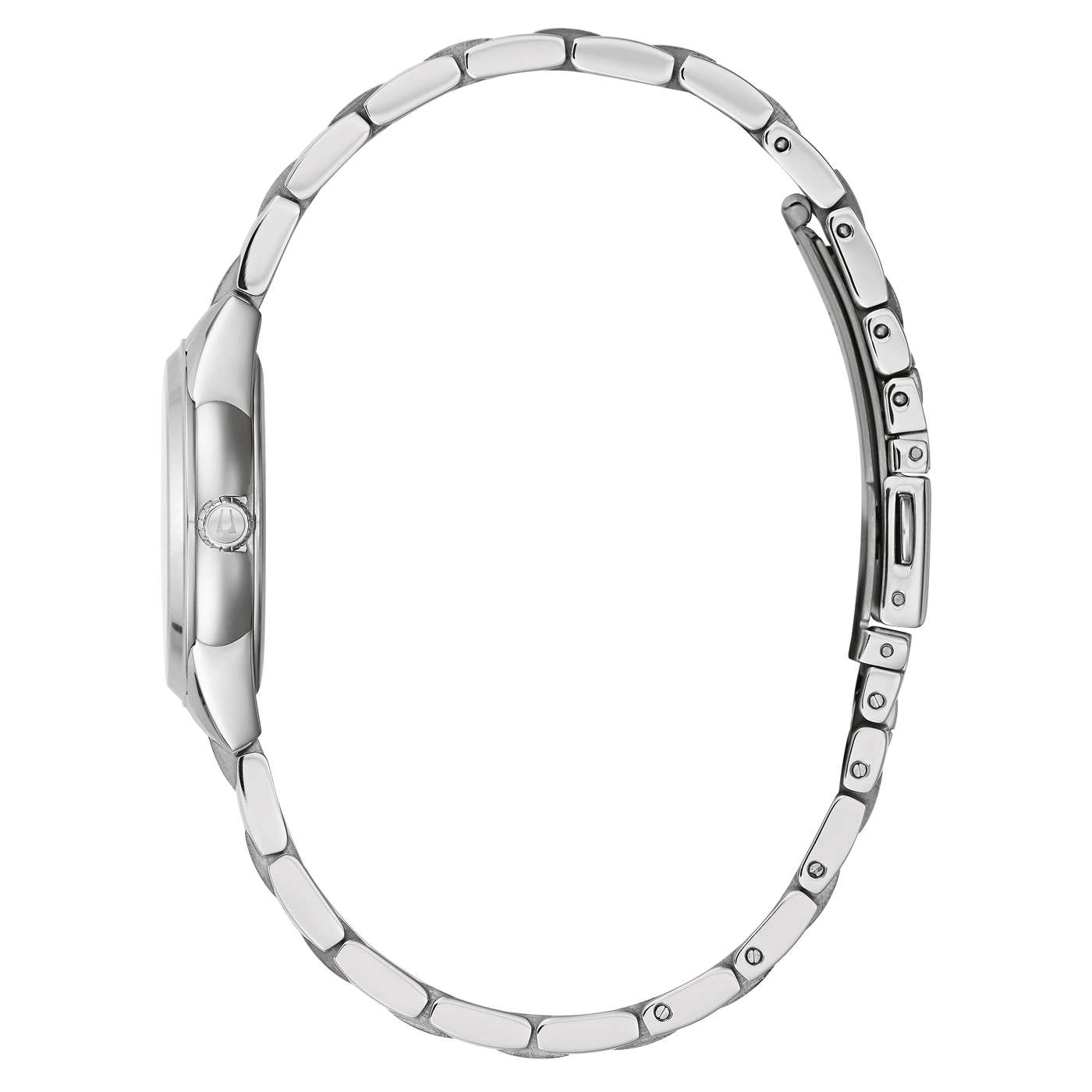 Zilveren dameshorloge, zijaanzicht, armband, ronde wijzerplaat, elegant design, accessoire