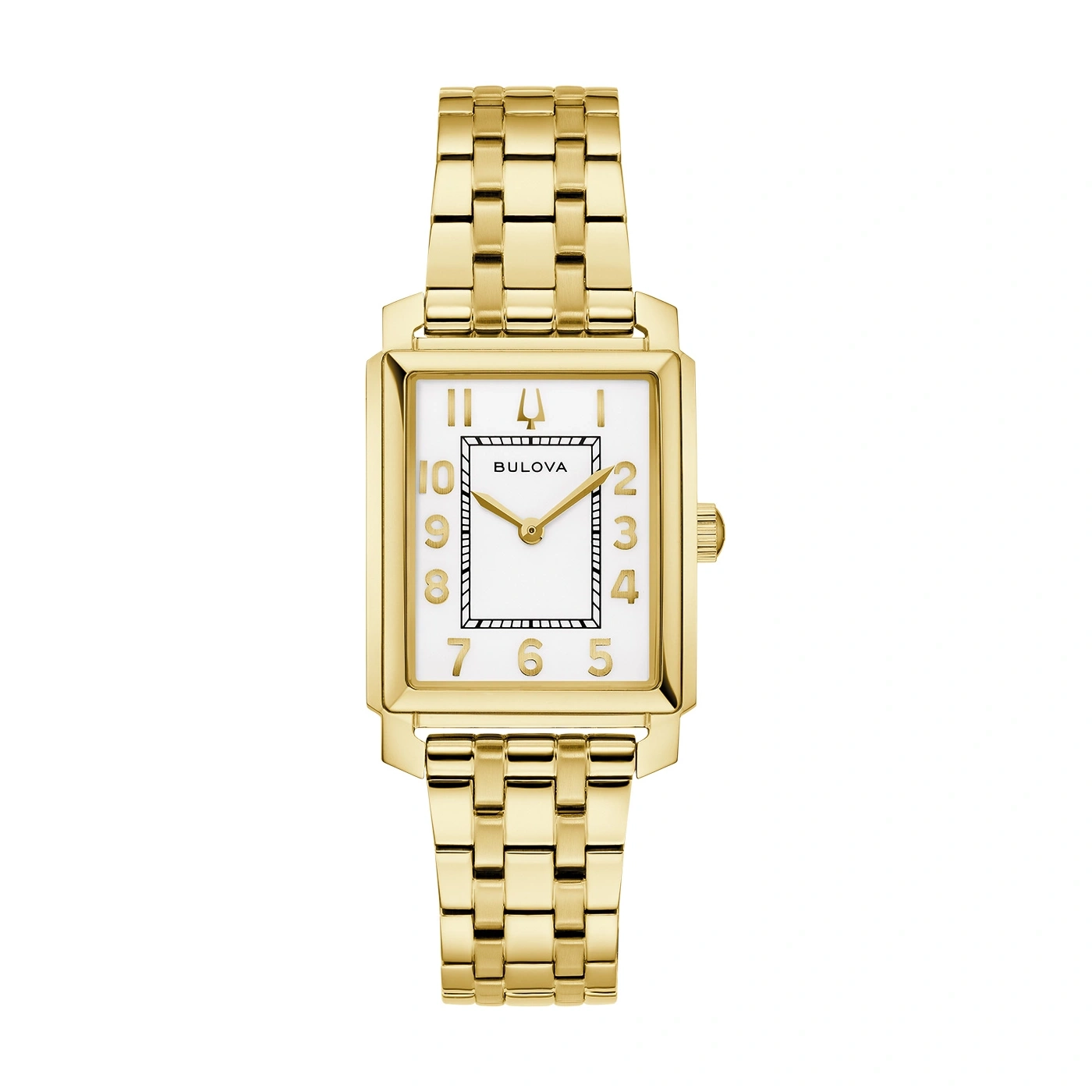 Gouden Bulova horloge met witte wijzerplaat, gouden cijfers en wijzers.