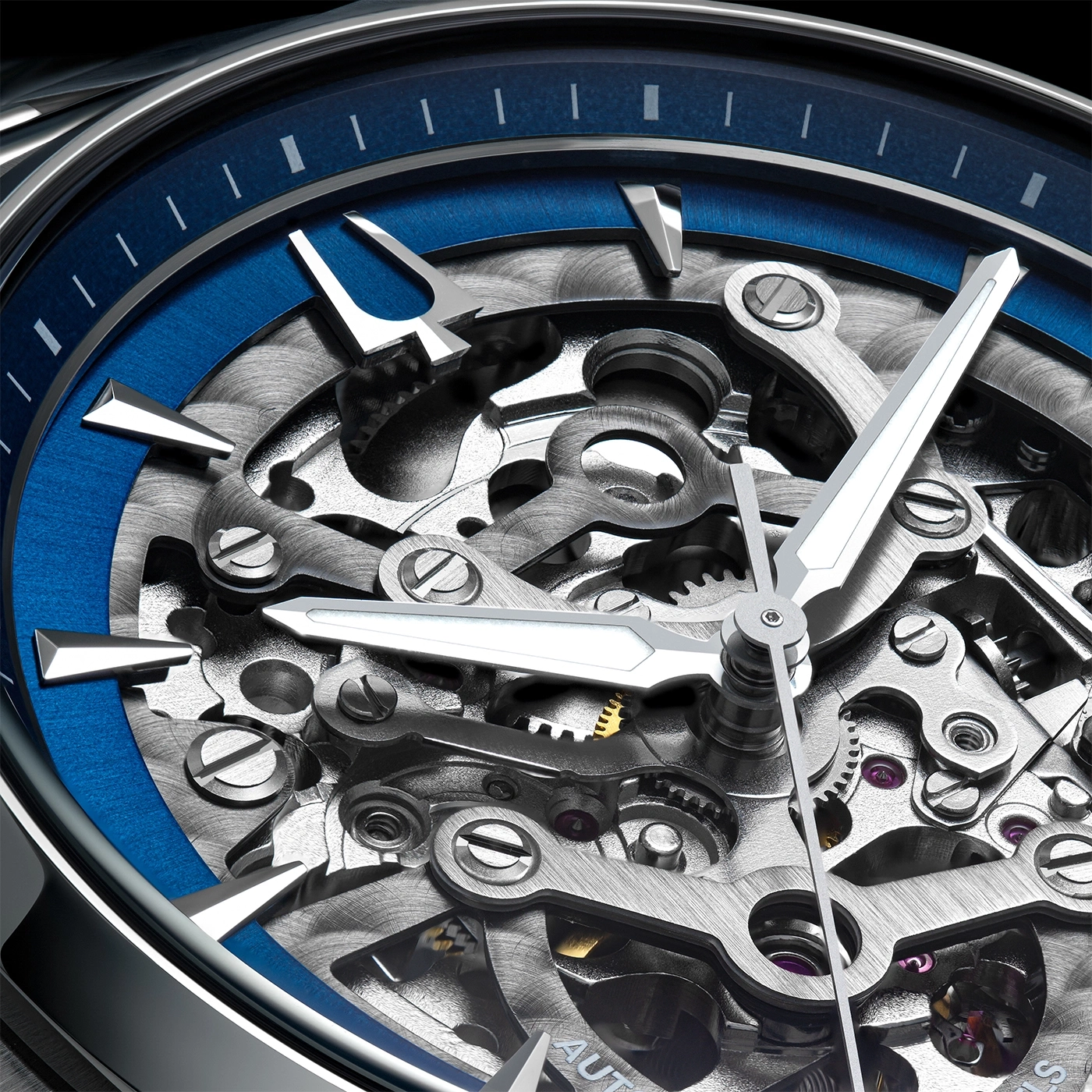 Close-up van een mechanisch horloge met blauwe wijzerplaat en skeletontwerp.