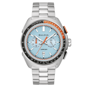 Bulova herenhorloge met lichtblauwe wijzerplaat en oranje accenten, roestvrijstalen band