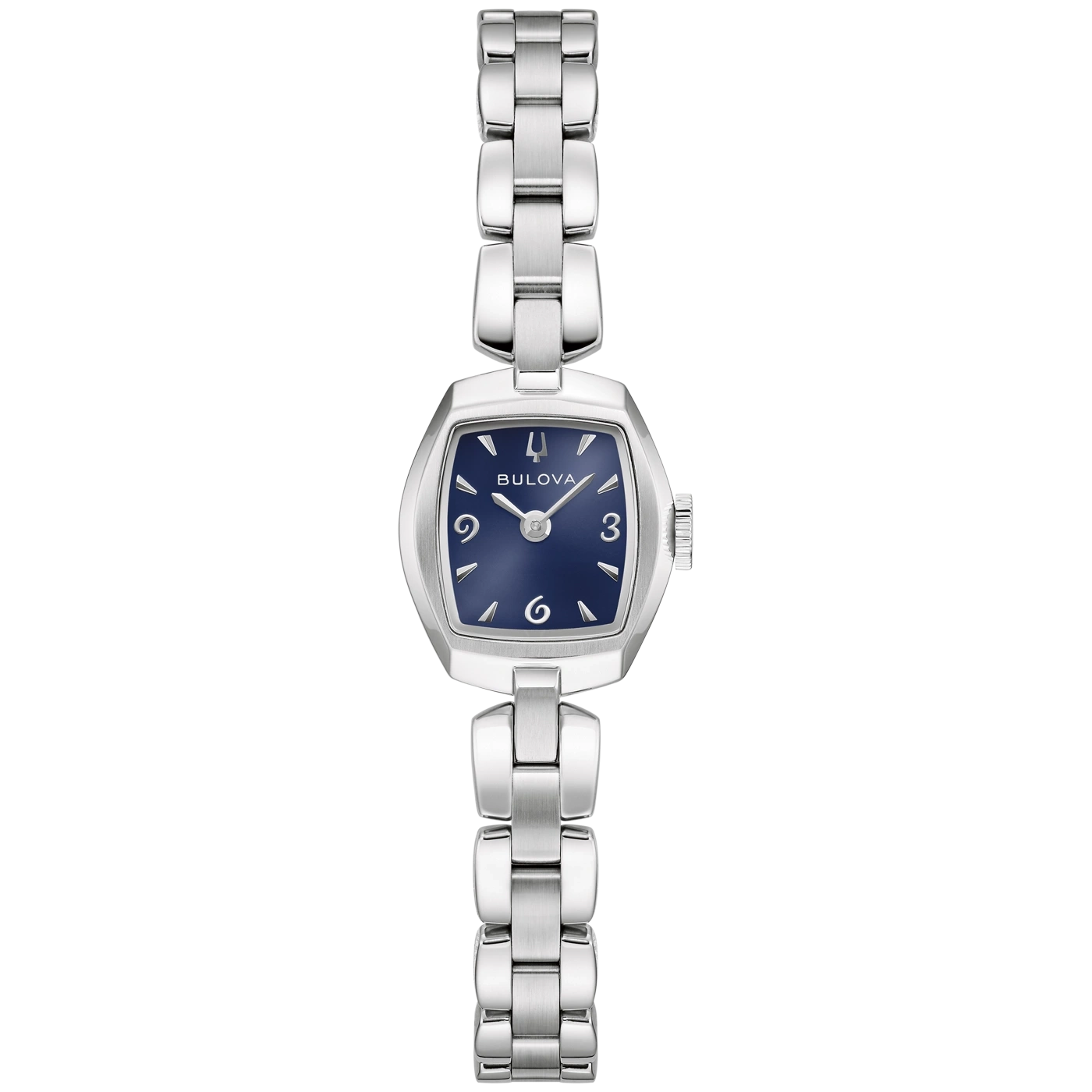 Een zilveren Bulova dameshorloge met blauwe wijzerplaat en zilveren band.