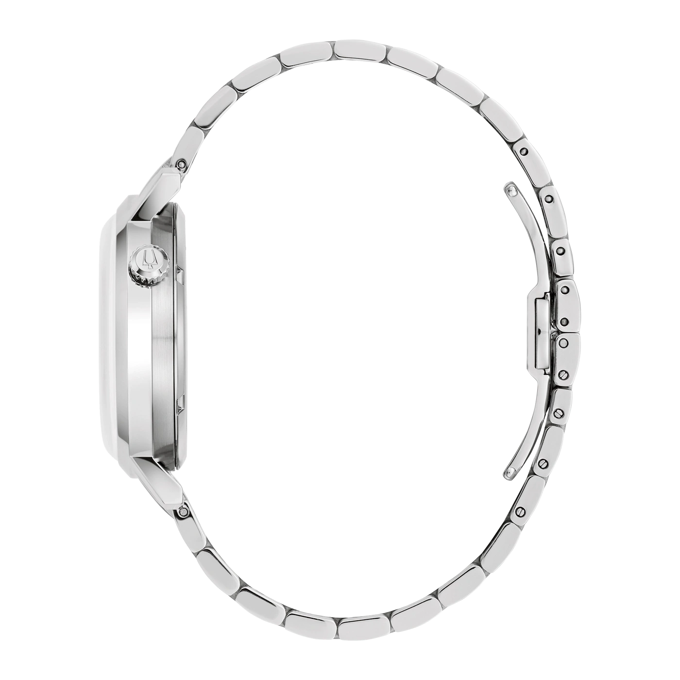 Zilveren horloge met band, zijaanzicht, detailopname, geïsoleerd op wit