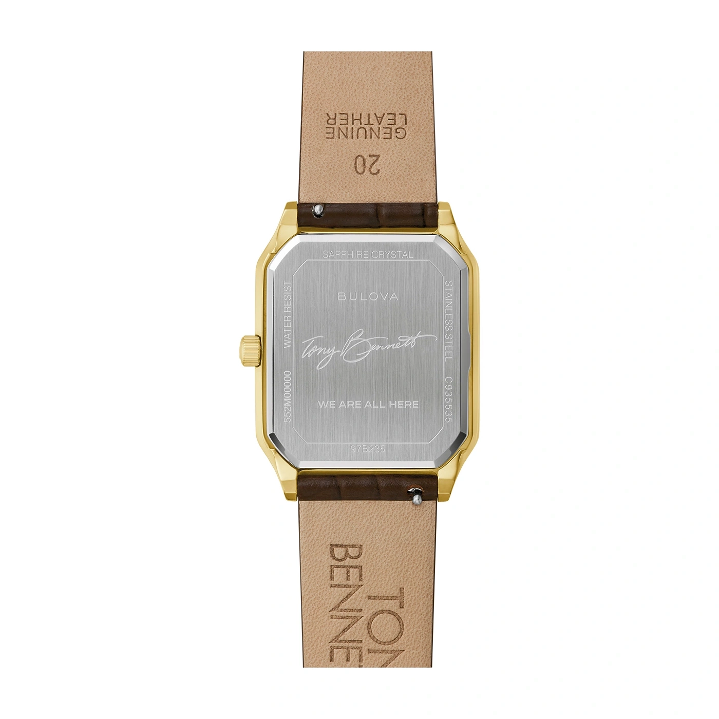 Bulova horloge, leren band, Tony Bennett, saffierglas, roestvrij staal, 20, waterbestendig.