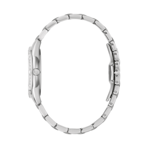 Zilveren dameshorloge met diamanten en armband. Elegant ontwerp, detailopname.