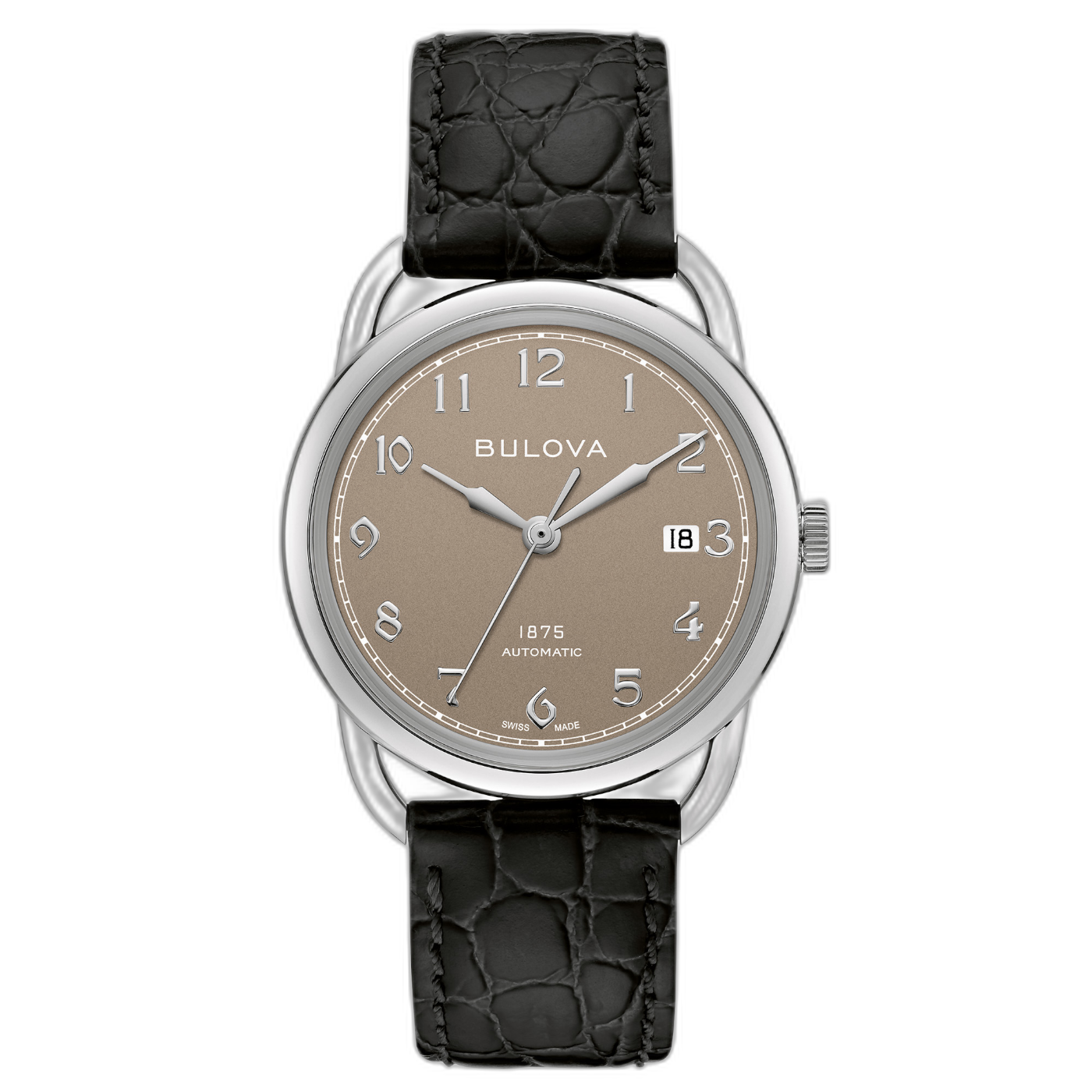 Bulova horloge met bruine wijzerplaat en zwarte leren band.