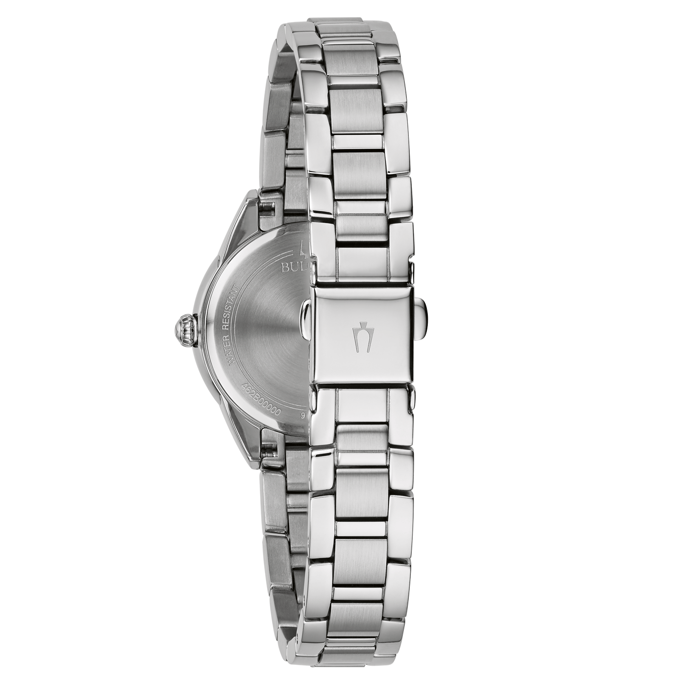 Achterkant van zilveren horloge met armband en logo, waterdicht
