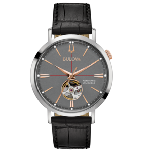 Bulova horloge met grijze wijzerplaat en leren band, automatisch, 21 juwelen.