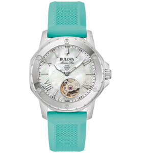 Bulova Marine Star horloge met turquoise band en wijzerplaat met Romeinse cijfers.
