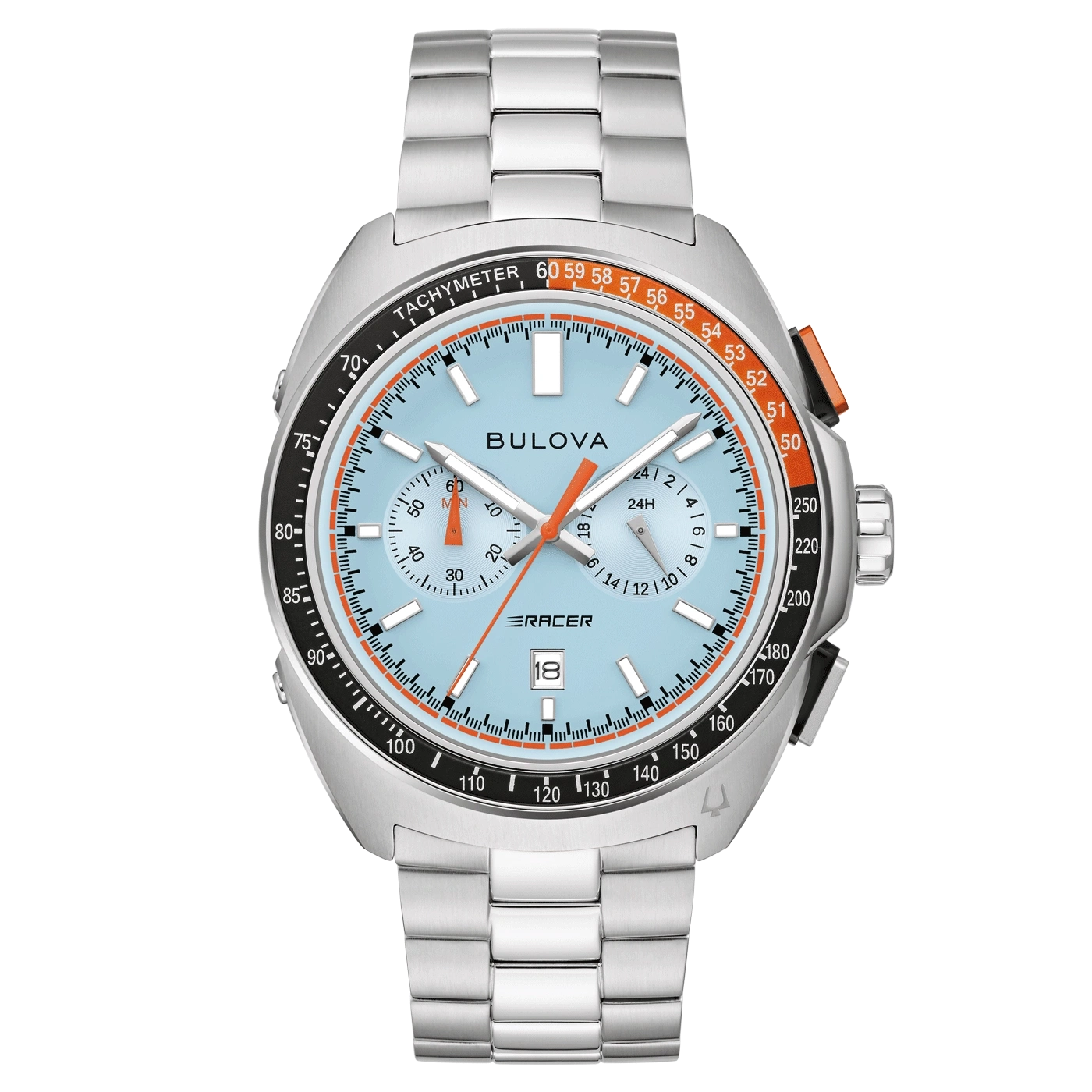 Bulova herenhorloge met lichtblauwe wijzerplaat en oranje accenten, roestvrijstalen band