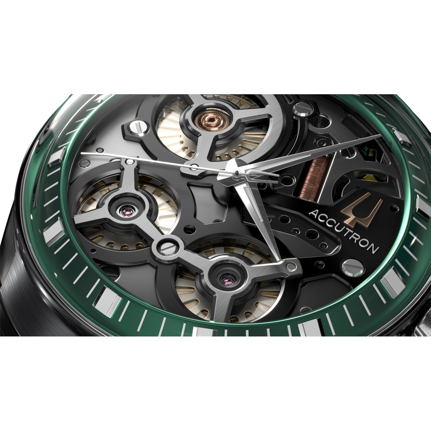 Close-up van een groene horloge met zichtbare mechanismen en het woord Accutron.