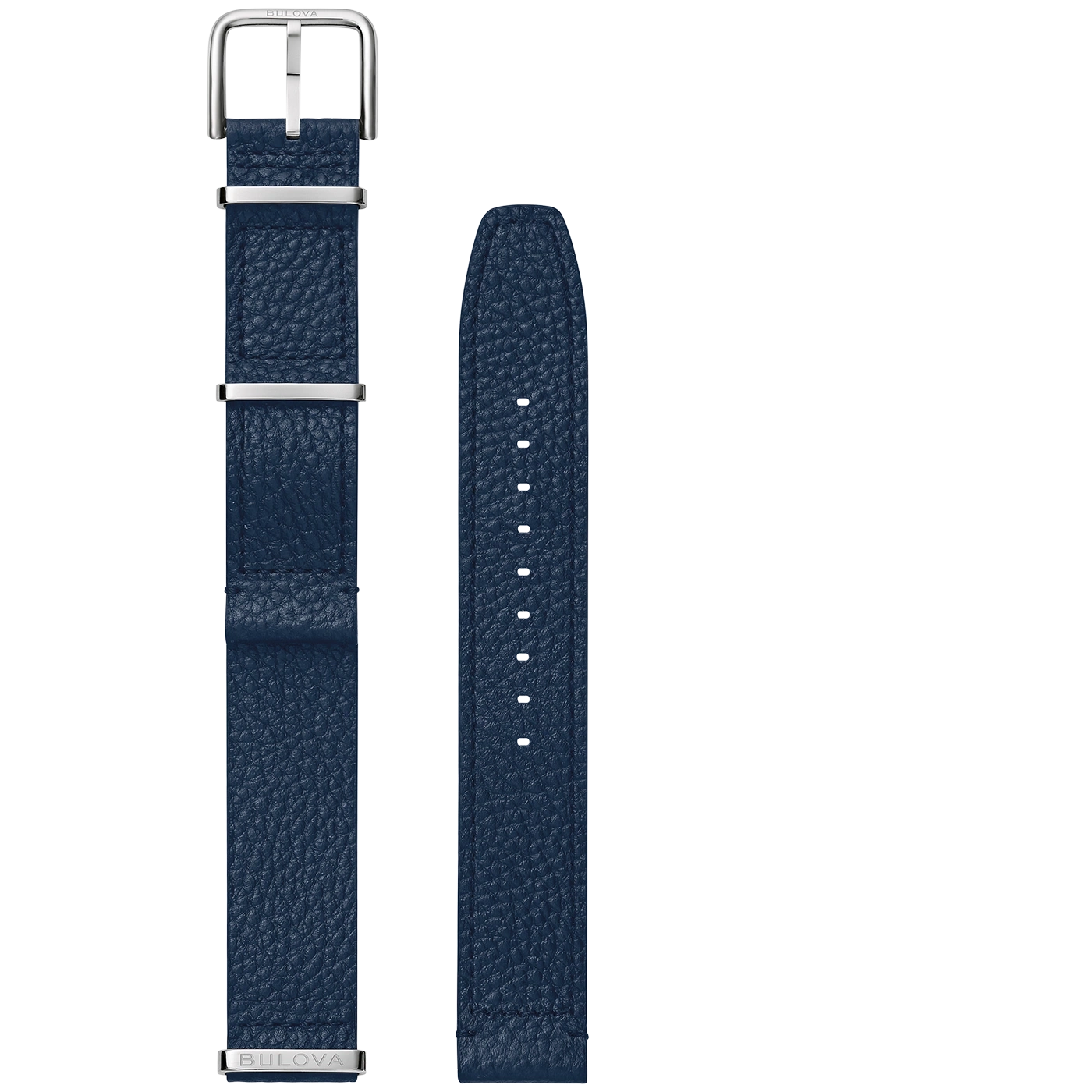 Donkerblauwe leren horlogeband met zilveren gespen en Bulova-logo.