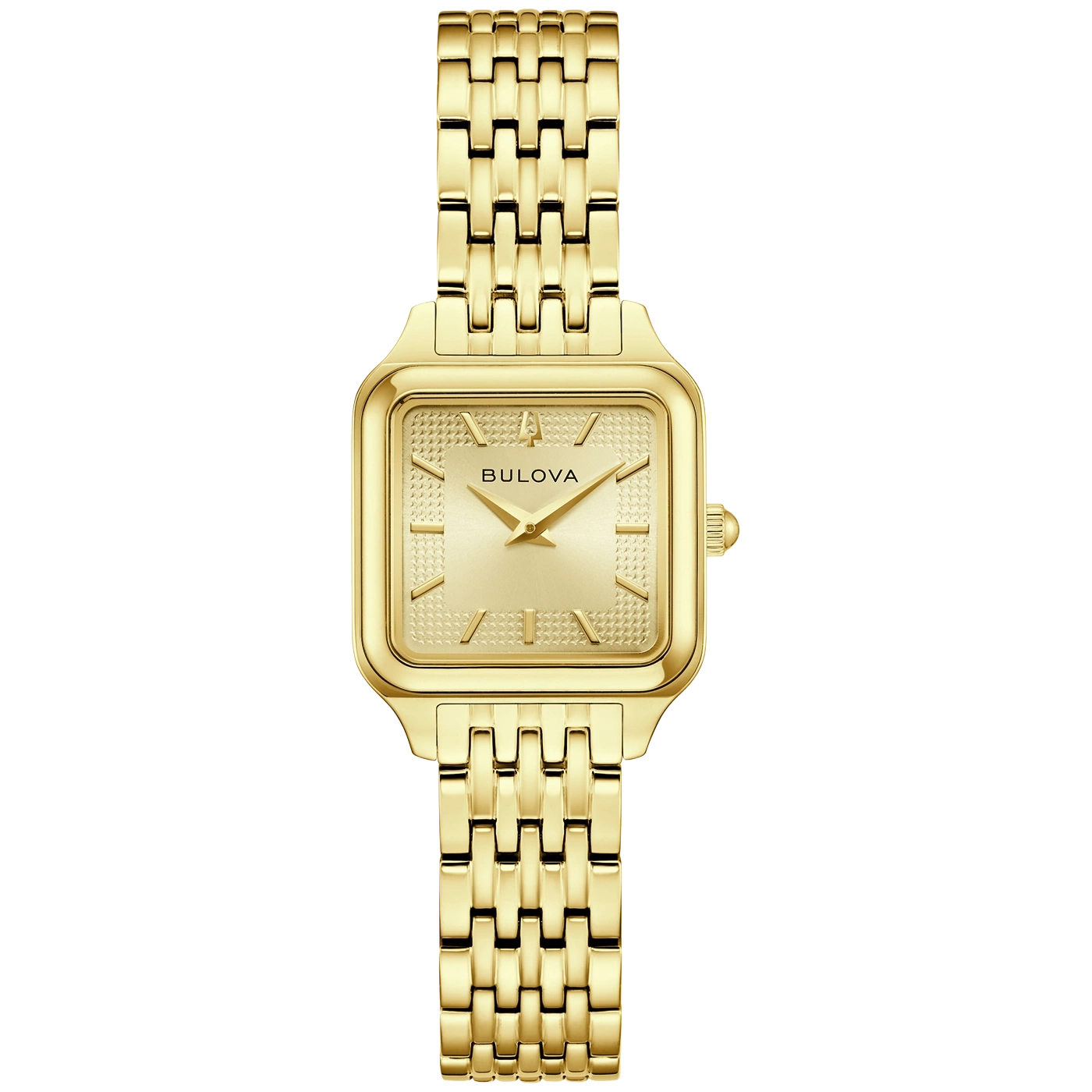 Gouden Bulova dameshorloge met rechthoekige wijzerplaat en schakelband.