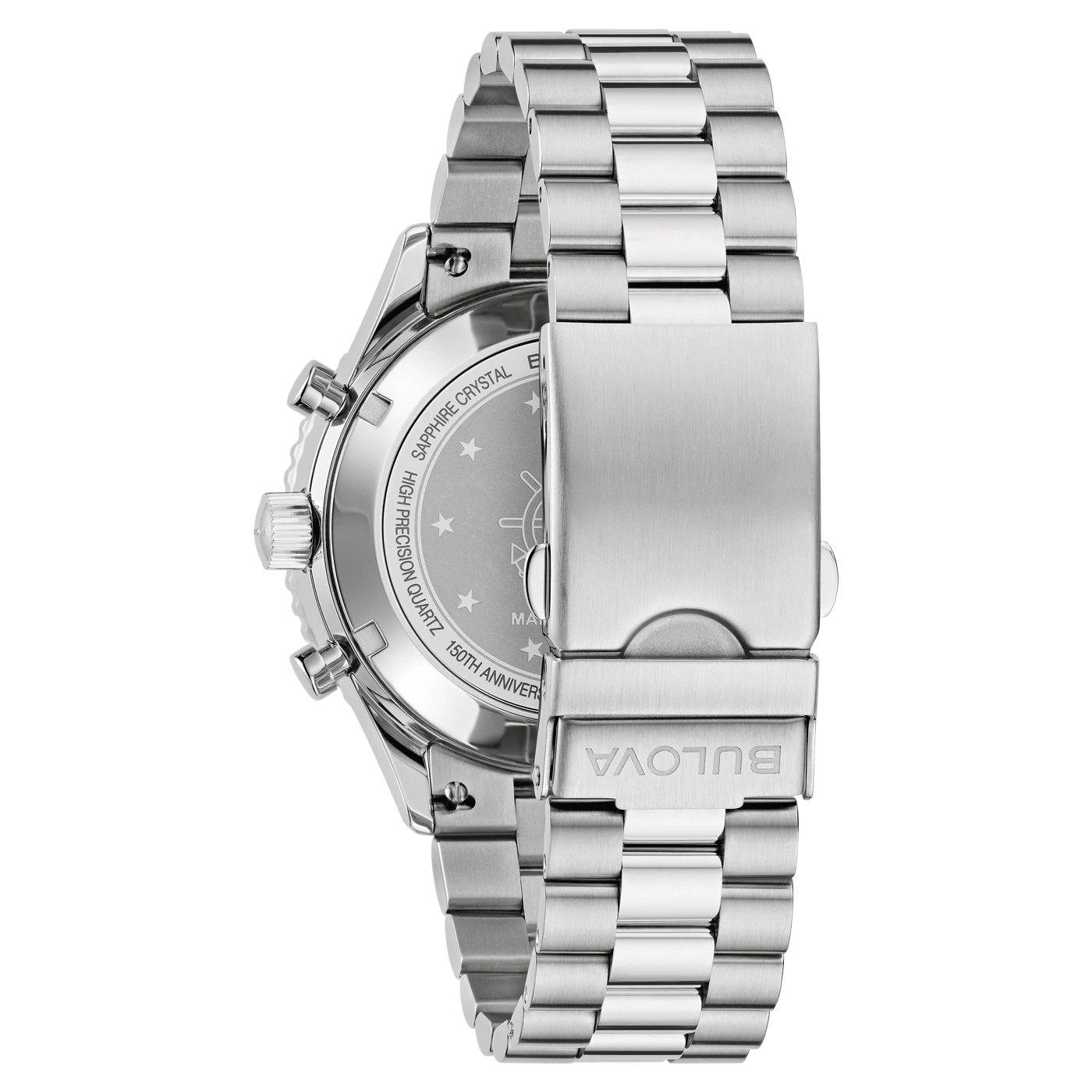 Achterkant van een zilveren horloge met armband en Bulova-logo.
