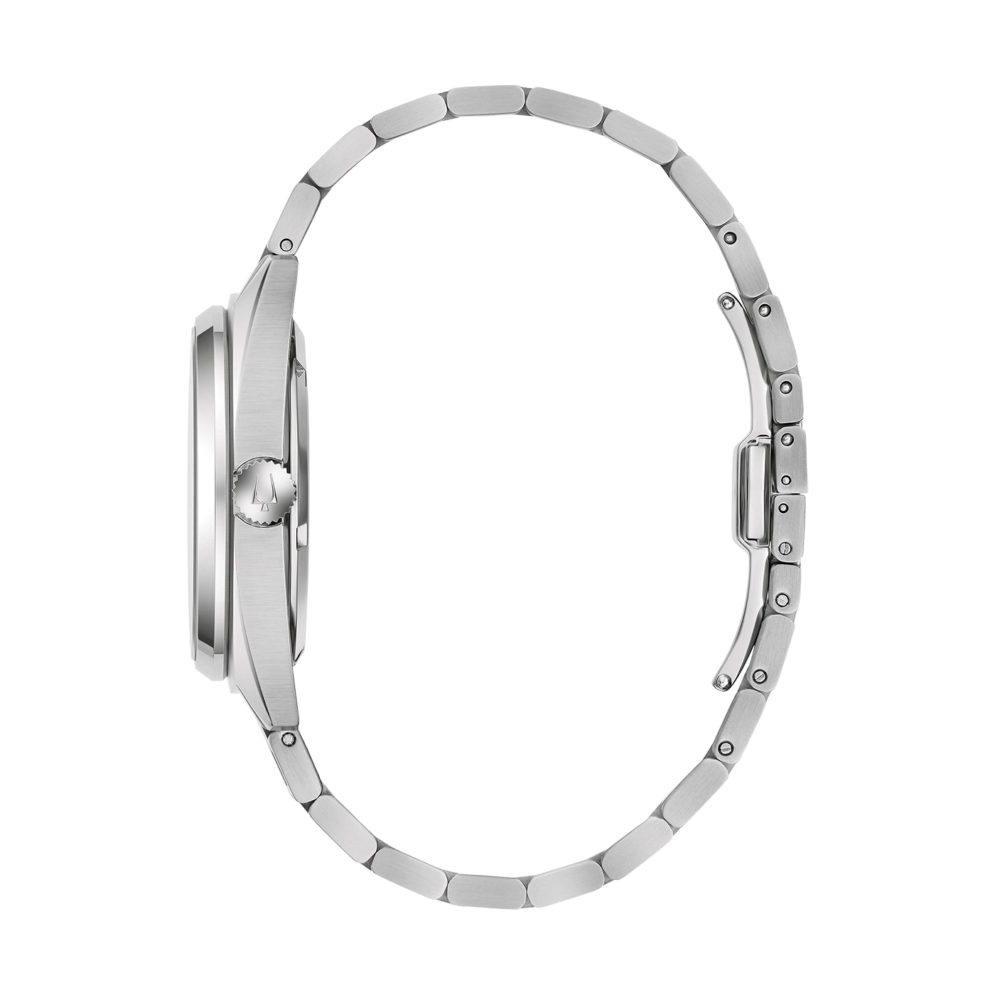 Zilveren horloge met armband, zijaanzicht, elegant ontwerp, detailopname, accessoire
