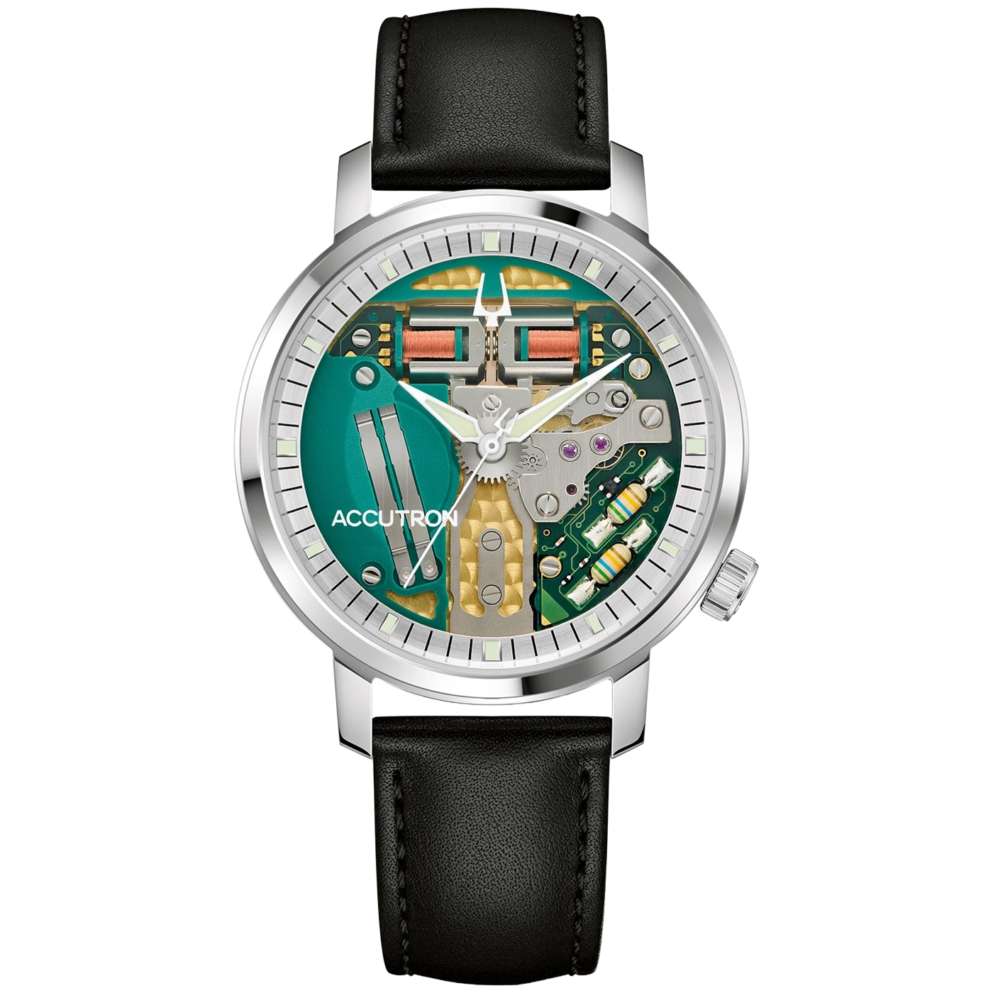 Een Accutron horloge met een open wijzerplaat en een zwarte leren band.