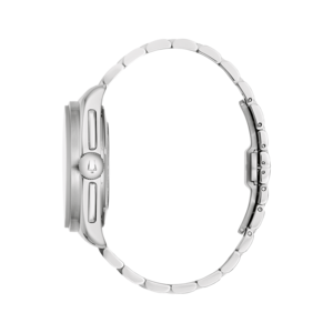 Horloge, zilveren band, zijaanzicht, detailopname, elegant design, accessoire