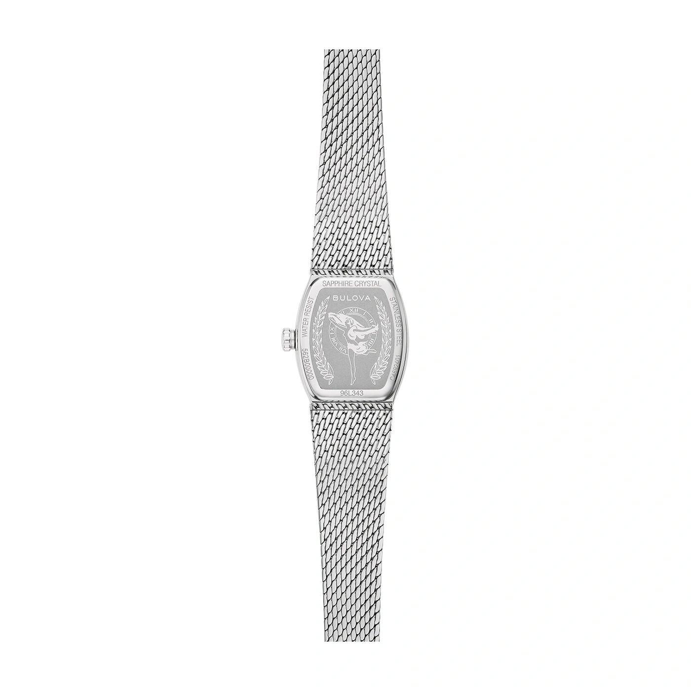 Bulova dameshorloge, zilveren band, rechthoekige wijzerplaat, detailopname, close-up