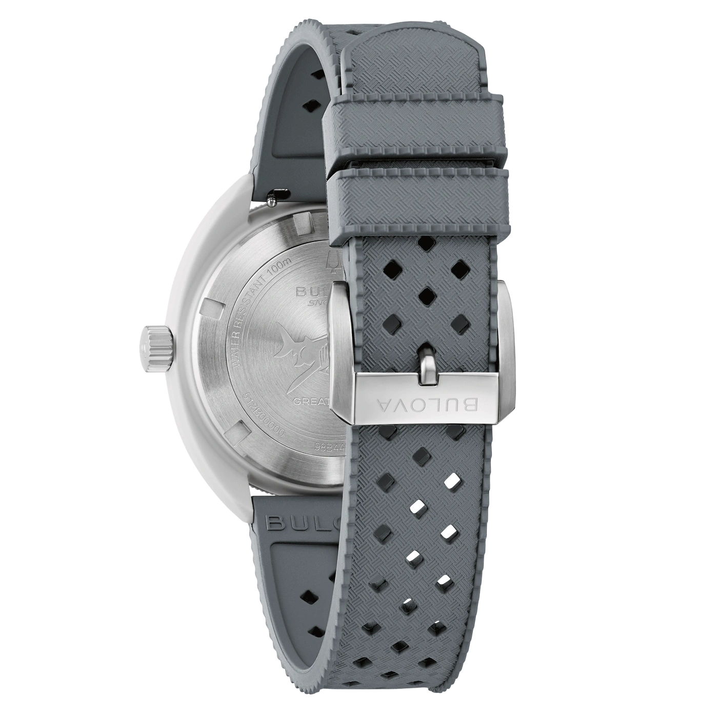 Grijze horloge met band, detailopname, Bulova-logo, waterdichtheid 100m, close-up
