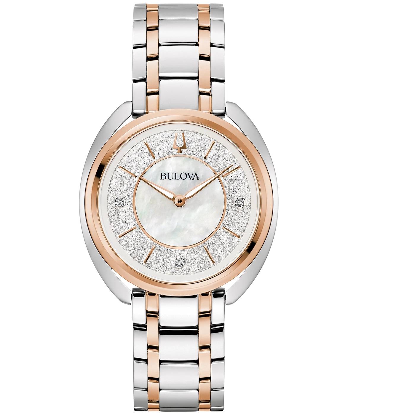 Bulova dameshorloge, roségoud, zilveren band, diamanten, elegant ontwerp, luxe accessoire