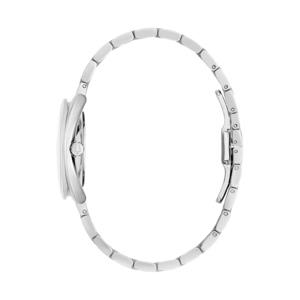 Zilveren dameshorloge met ronde wijzerplaat en armband, zijaanzicht, elegant