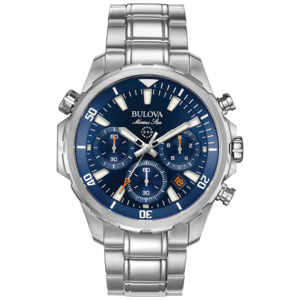 Bulova Marine Star horloge, blauwe wijzerplaat, zilveren band, chronograaf, waterdicht 100m.