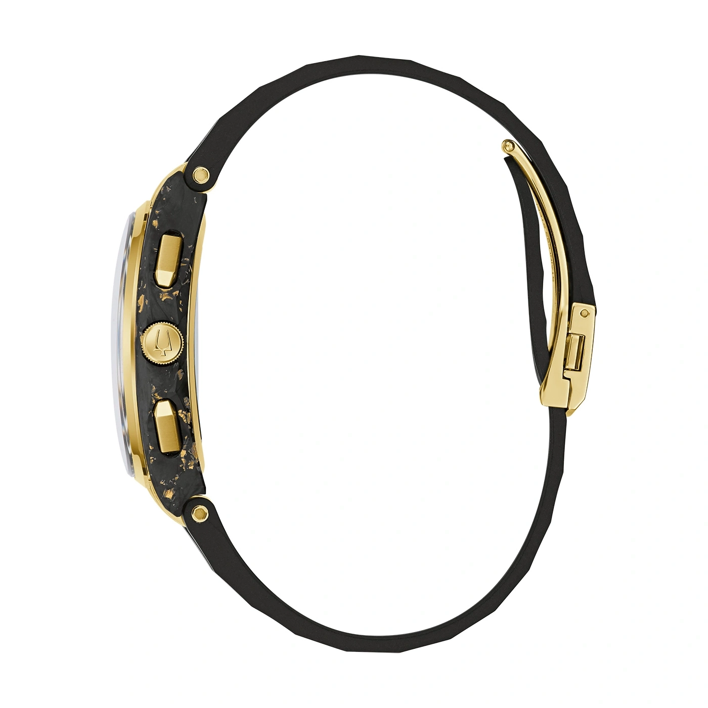 Gouden horloge met zwarte band, detailopname, zijaanzicht, geïsoleerd
