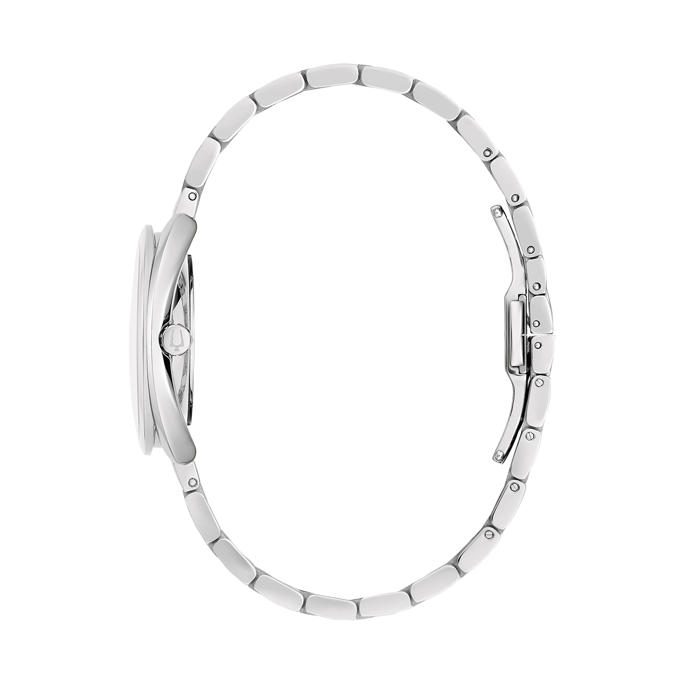 Zilveren dameshorloge met ronde wijzerplaat en armband, zijaanzicht, elegant